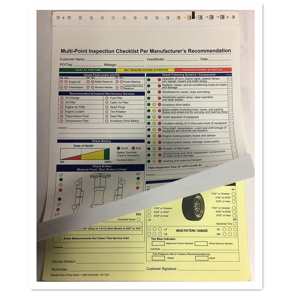 Custom Auto Vehicle Repair Order Forms Multi-Point Inspection Forms 250 pack