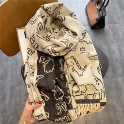 Wholesale Korea cute little dinosaur print tassel scarf cashmere shawl autumn and winter windproof scarf