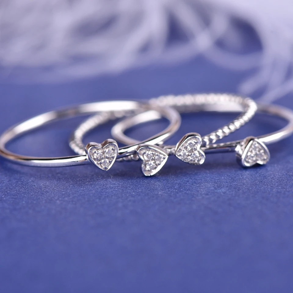 Heart Cut Real Diamond Solid White Gold Anniversary Jewelry Gift 18K Triple Ring Pure Gold Engagement Rings Wedding Ring Set