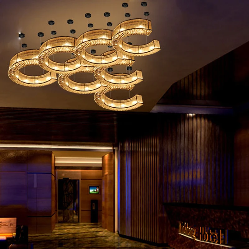 Custom engineering large combination type C crystal ceiling chandelier  pendent light for banquet hall hotel lobby club