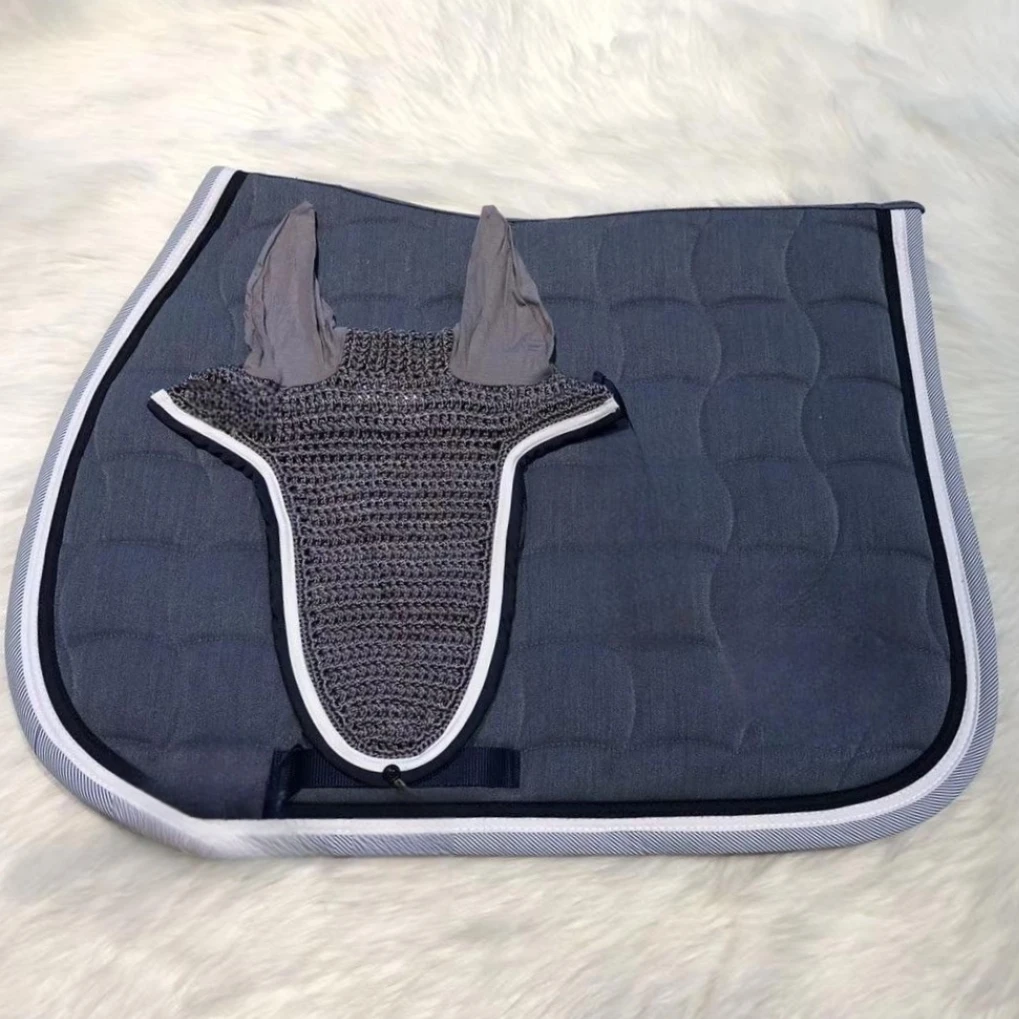 Custom Horse Saddle Pad And Mask Set Knitted Fly Mask Breathable Cotton Inside Layer