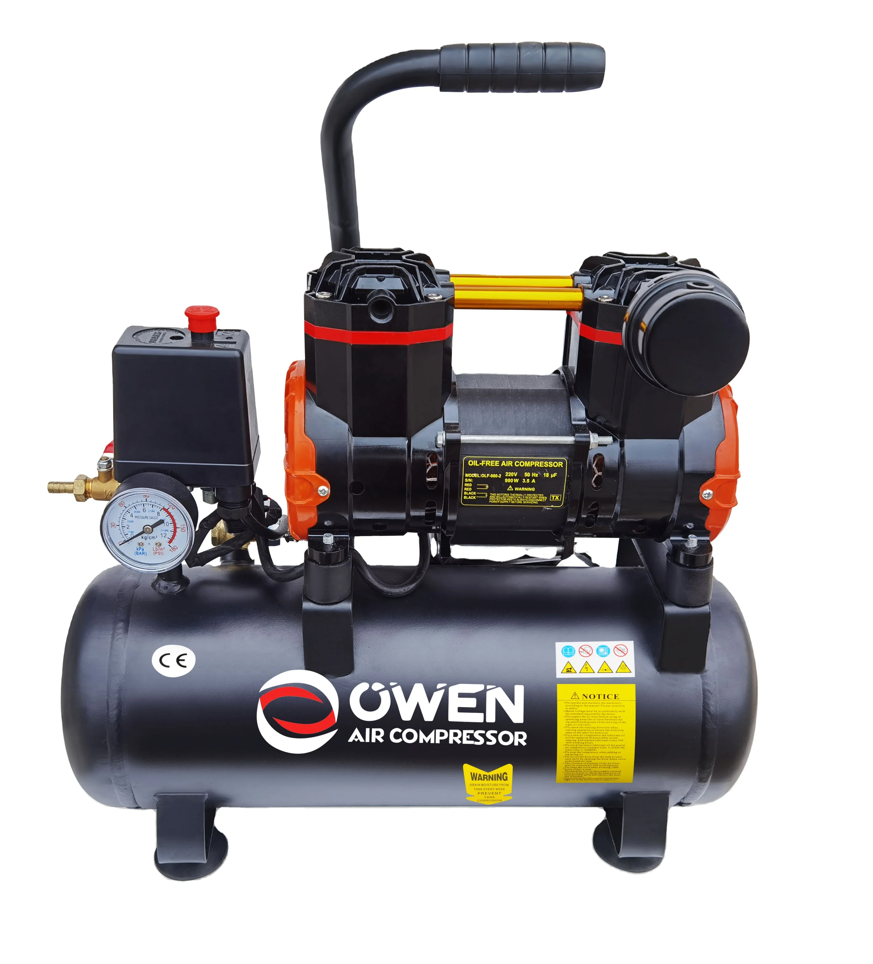 Low Noise 220V 50Hz 0.98Kw 1.3Hp 8Bar 9L Oilless Piston Car Air Compressor Silence Oil-Free Air Compressor Manufacturers