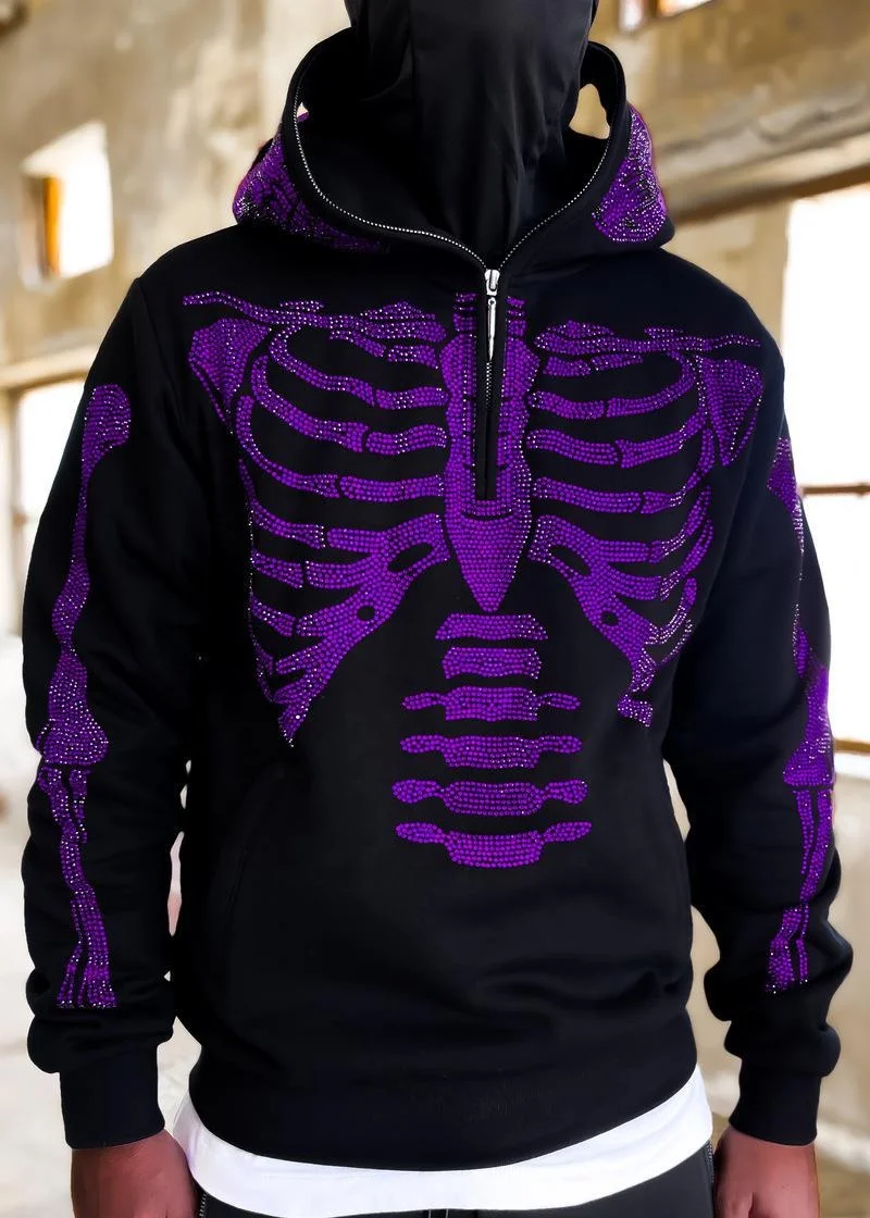 Custom OEM Y2K Hoodie Sweatshirts For Men Loose Skull Hot Drill Printing Long-sleeved Hooded Sweatshirt Pullover Jacket Male