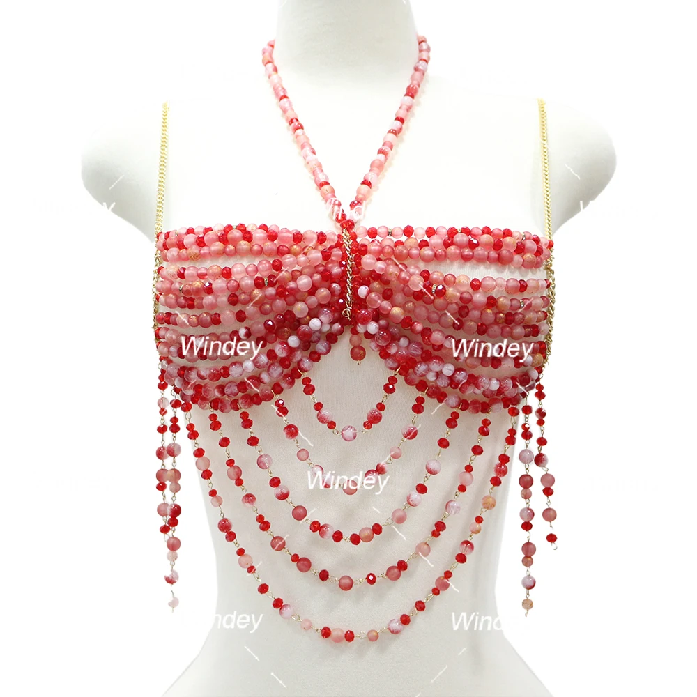 Latest Fashion Strap multilayer sexy red pink body chain Vest tank beaded top women beaded dress Bras with hanging beads