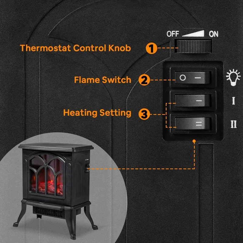 Portable Electric Fireplace Heater Stoves with 3D Realistic Flame Effect, 1500W Freestanding Stove Heater Thermostat