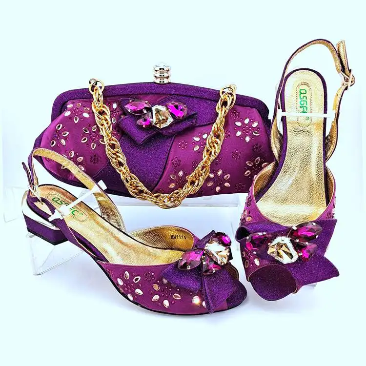 AB8644 Nigeria Gold Latest Low Heeled Shoes Italian and Bags Set for Weeding Party
