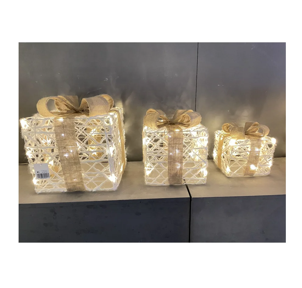 3pcs/set Square gift box wool material with brown linen burlap rope decoration bow hollow iron frame led Christmas lights