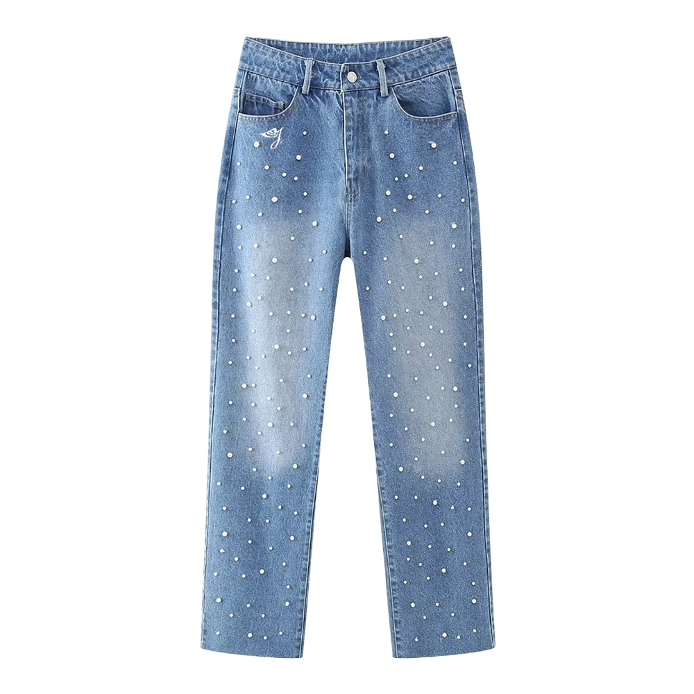 SMO blue pearl shirt rhinestone shirts women denim jean shirt For Ladies