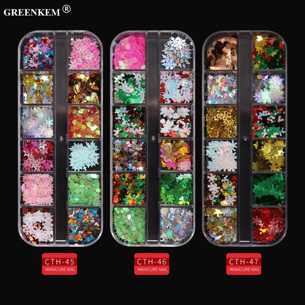 Wholesale Christmas 12 Grids/box Sequins Mixed Color Sparkle Nail Glitter Winter Snowflake Nail Art Sequins Decoration