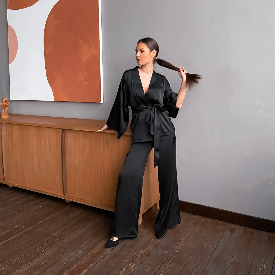 Satin Pajamas Set for Women Long Sleeve Sleepwear Silk Nightwear V-Neck PJS Set 2 Piece Lounge Sets PJ