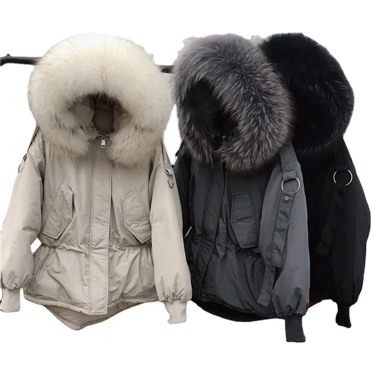 
Outdoor Fashion Korea Thick Slim Fit S M Khaki Ski Bubble Parka Puffer Duck Down Womens Jackets And Coats With Fur Collar Hood 