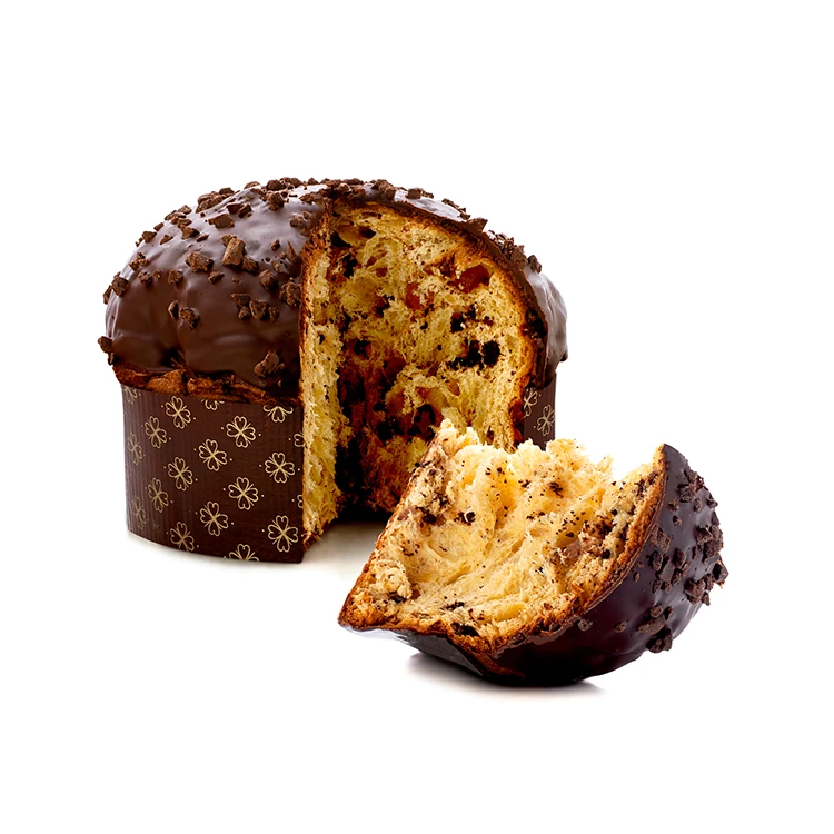 
Italian Paper Panettone Cake With Pear And Covered With Dark Chocolate 