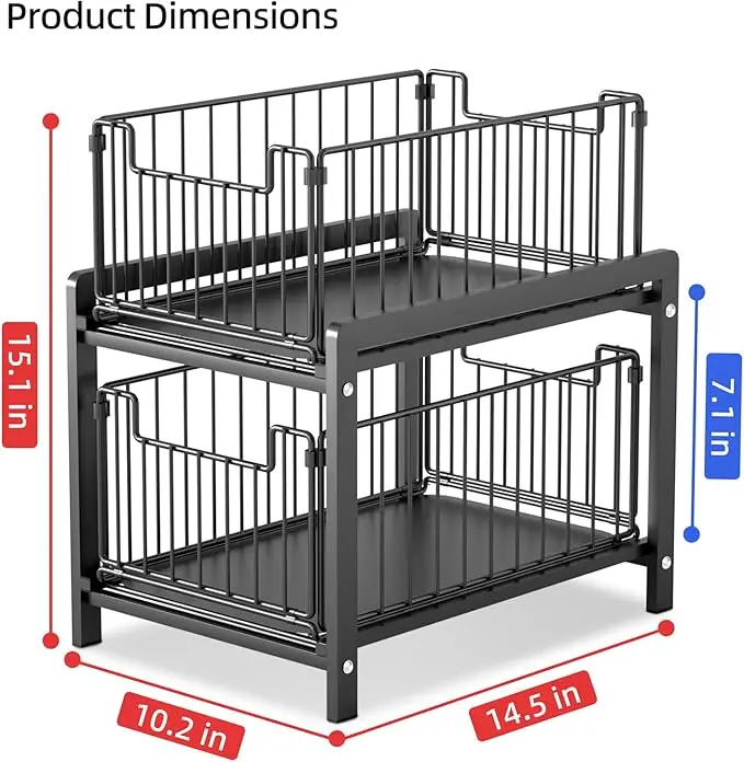 2 Tier Basket Drawer Organizer, Pull Out Under Sink Cabinets , Metal Home Organizer Shelf for Bathroom or Kitchen