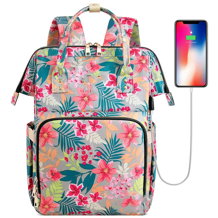 Высокая емкость Водонепроницаемый USB изготовленным на заказ логосом цветочный Рисунок футболки для мамы и малыша подгузник 3 в 1 сумка для подгузников рюкзак с столик для пеленания