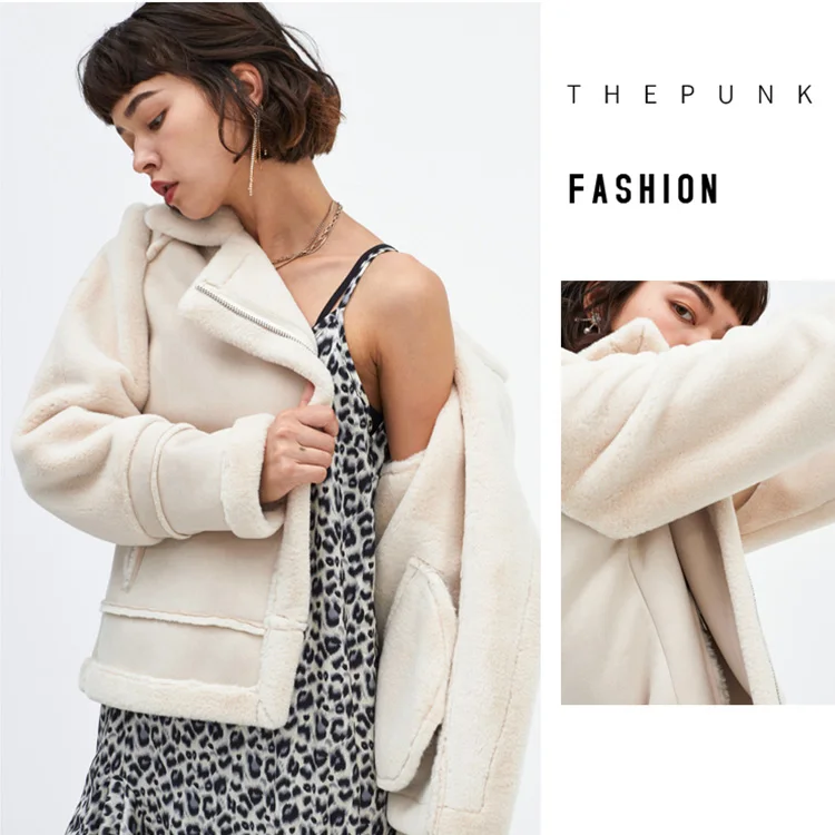 Casual Fashion Lapel Beige Black Color Women Faux Fur Coat Suede Leather Coat Jacket