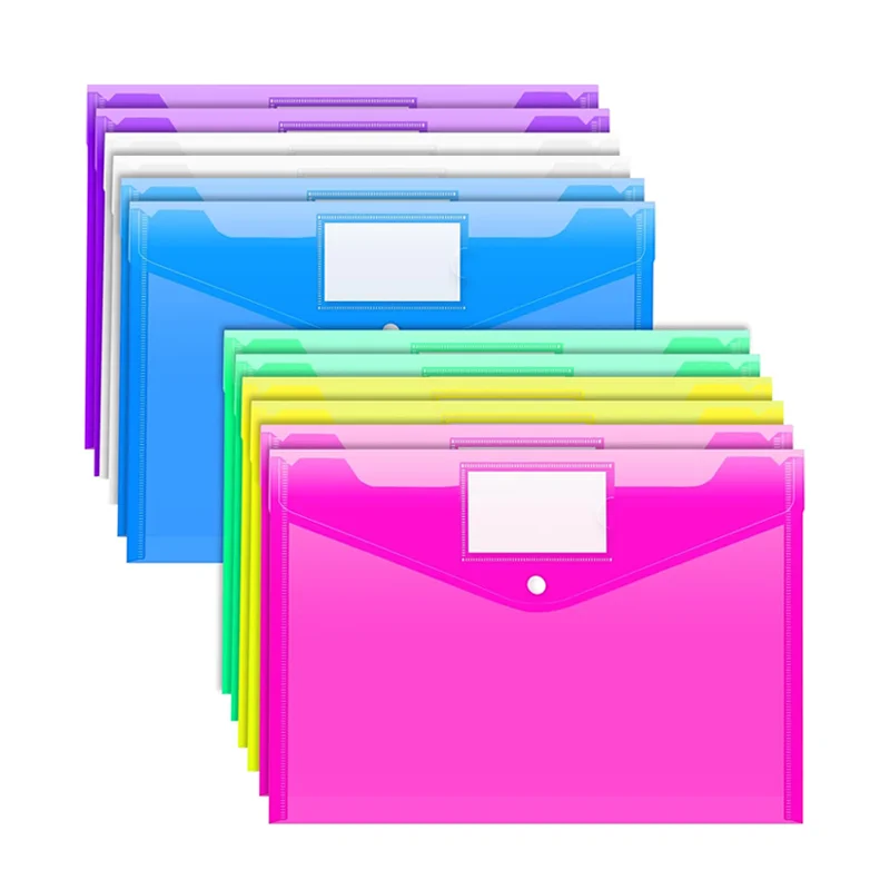 PVC Letter A4 size Plastic File Envelopes with Label Pocket And Button Colorful Clear PP Document Bag For Home Office Organizer