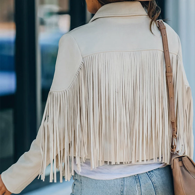 Factory Wholesale Autumn 2022 Long Sleebve Crop Fringe Faux Suede Jacket For Women