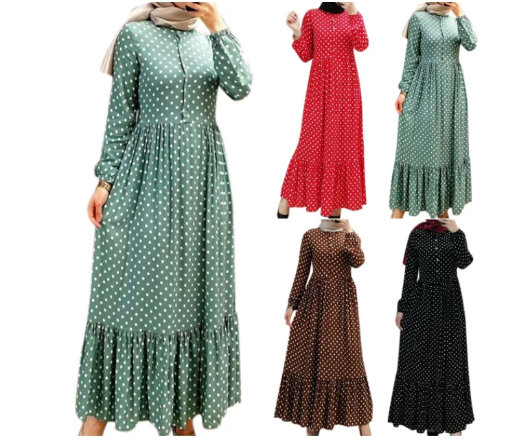 H & D New New style Muslim Women Long Sleeve Dress Popular Polka Dot Ruffled Pleated High Waist Casual Dress For Summer