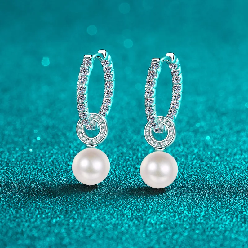 925 Sterling Silver Earrings with Pt950 Gold and Moissanite-Encrusted 5A Freshwater Pearls