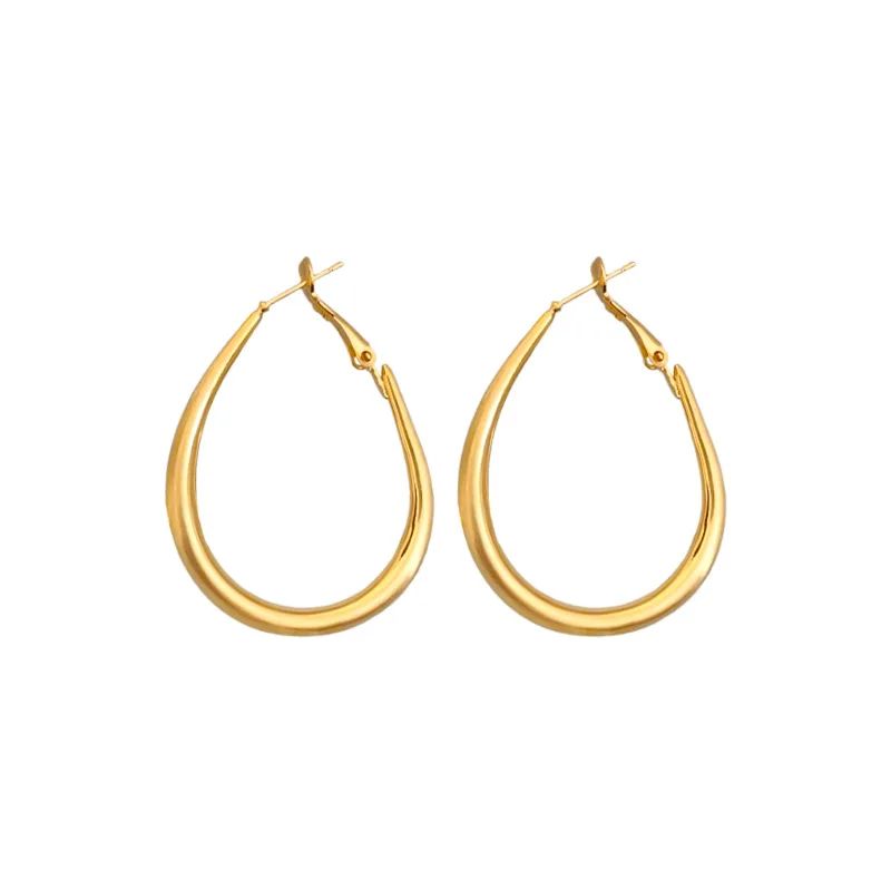 Gold electroplated silver needle oval metal hoop earrings for women cold wind personality fashion everything with