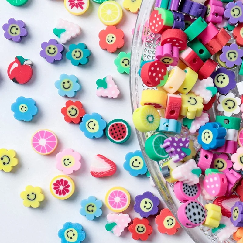 Colorful Flower Handmade Polymer Clay Beads 100pcs/bag Cartoon Animal Fruit Smiley Face Diy Polymer Clay Beads