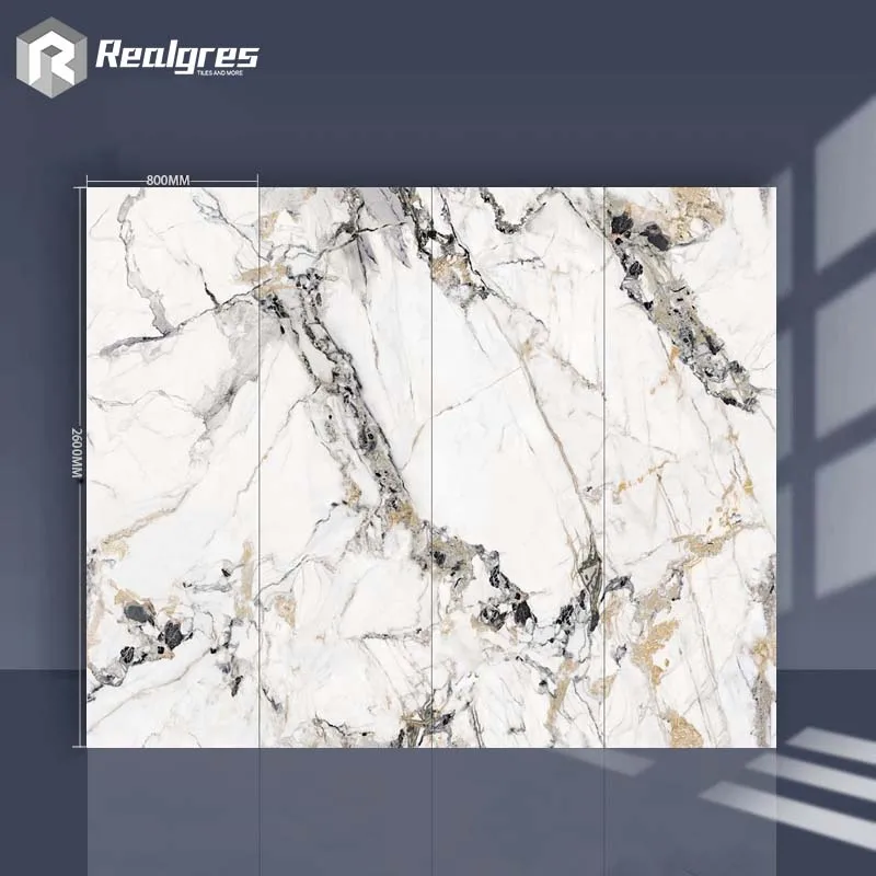 Realgres Italian Luxury White Gold Veins Marble Sintered Stone Dark Green Calacatta Gold Wall Slab Tile