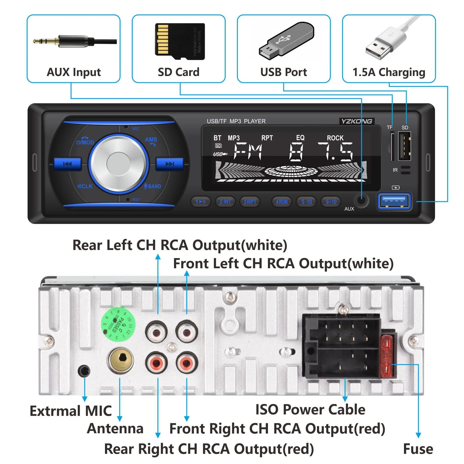 Автомобильный стереоприемник с Bluetooth ЖК-дисплеем AM/FM-радио mp3-плеером USB SD AUX встроенным микрофоном