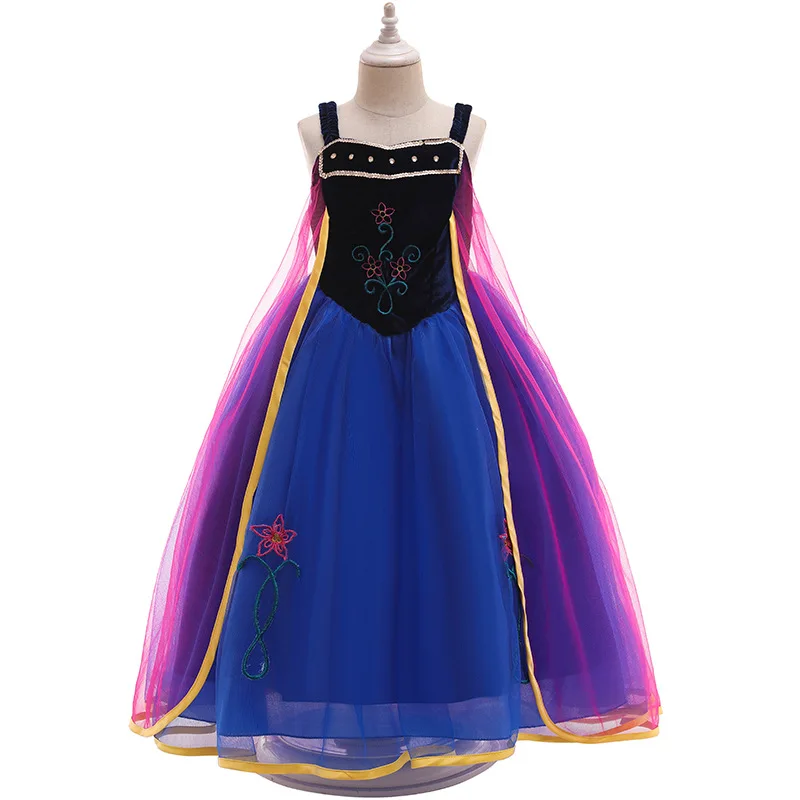 
2020 3-8 Years Girls Anna Elsa Dress with trailing Children Princess Party Cosplay Costume Children Fantasy dark blue dress 