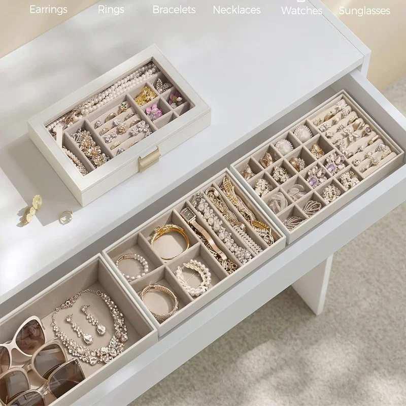 4-tier Drawer Jewelry Trays Stackable Organizer With Glass Lid Removable Dividers For Vanity Table