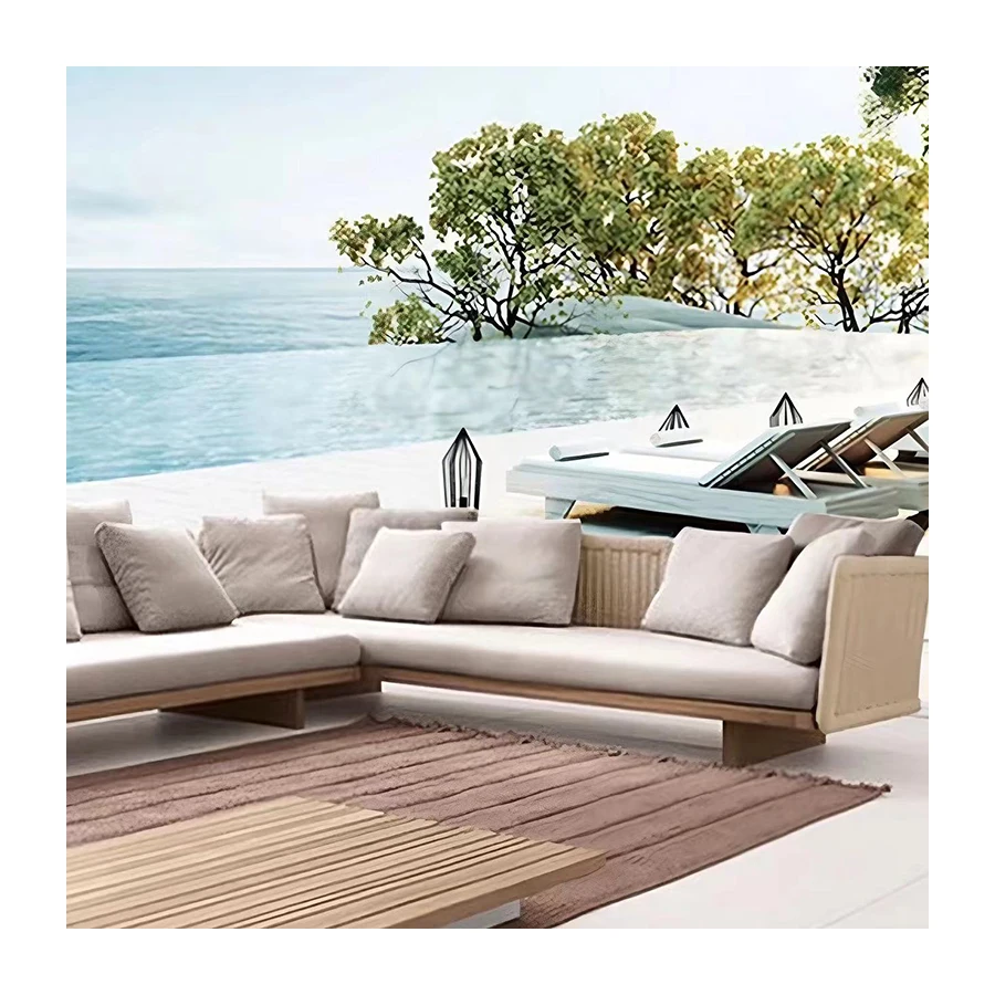 Modern L-Shaped Grey Sofa Set Outdoor Teak Wood Garden Furniture Living Room Couch Set For Patio