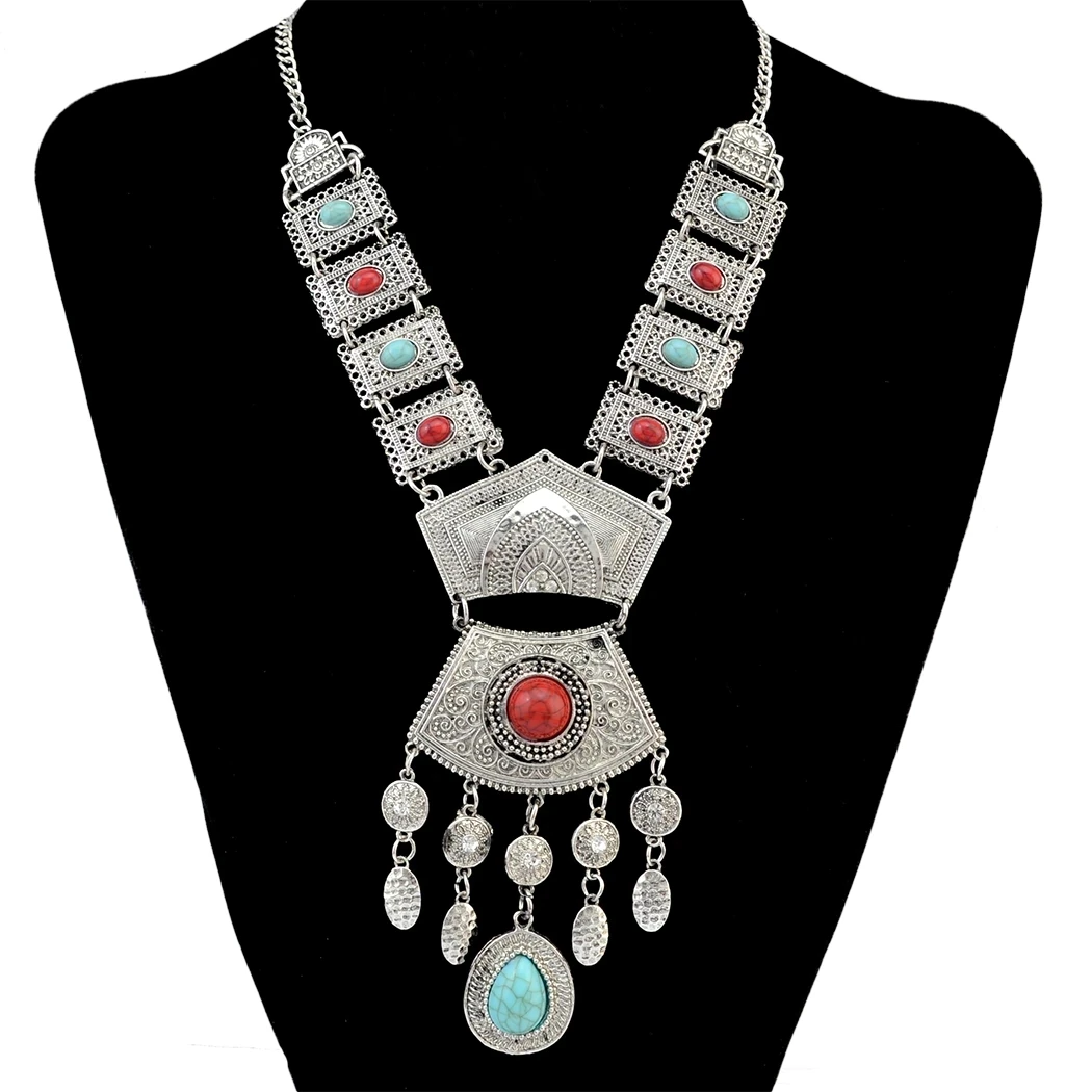 Vintage Ethnic Bohemian Silver Metal Statement Necklace Thread Leaves Tassels Jewelry Choker Necklace