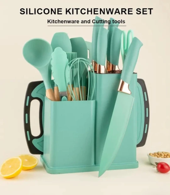 Silicone Cooking Utensils Set 19pcs Kitchenware Set includes 9 Pcs Utensils 5 Ppcs Knives Scissors Whisk Tongs and Cutting Board