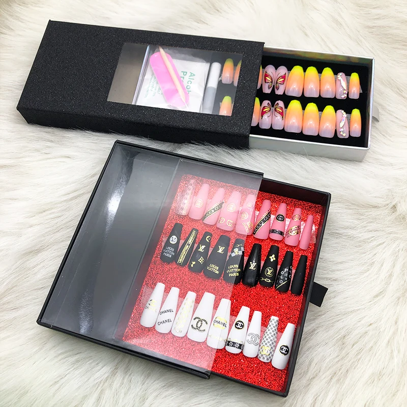 Wholesale nail products 2021 custom packaging box long coffin fake nails press on nail supplies