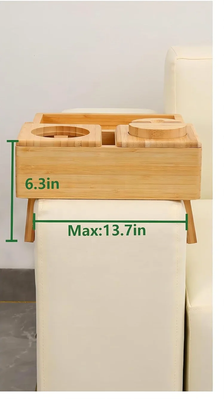 Bamboo Folding Couch Arm Table TV Trays Sofa Snack Table with Rotating Phone Pad Bracket