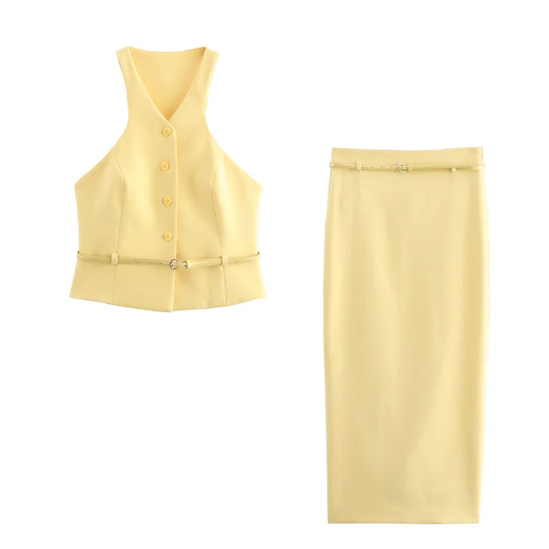 RedPeony Female Summer Set Yellow V-Neck Sleeveless Belt Single Breasted Tops+High Waist Pocket Long Skirts Women Fashion Suit