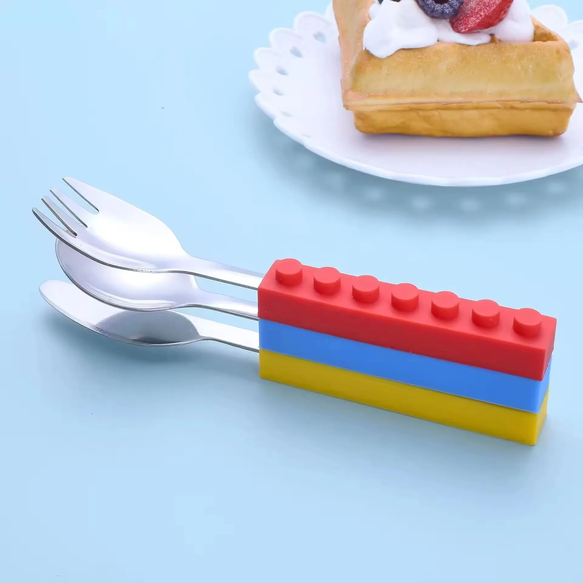 Children Day Gift Building Block Cutlery Set Kids Toddler Spoon And Fork Set With Silicone Handle