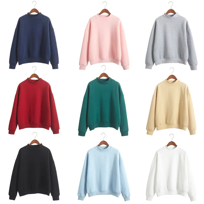 Wholesale 2021 Cute Women Pullover Autumn Knit Sweatshirt Coat Winter Loose Fleece Solid Color Round Neck Thick Hoodies Sweater