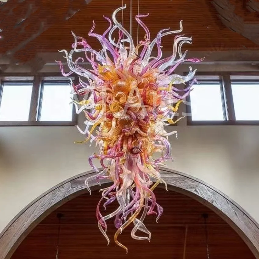 Handmade Mouth Blown Art Chandelier Hotel Restaurant Pendant  elegant Chihuly Style Murano Stained white Murano Glass Chandelier