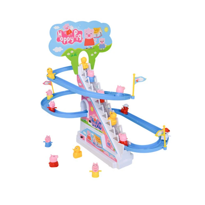Electric Track Piggy Climbing Stairs Toys with Music Light Slide the Game Match