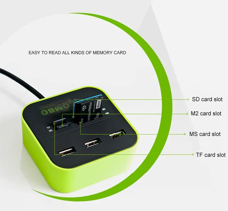 3 Port USB HUB Card Reader Multi USB Splitter 7 in 1 Support Micro TF SD M2 MS SDHC MMC Card USB Hub 2.0 for PC Laptop