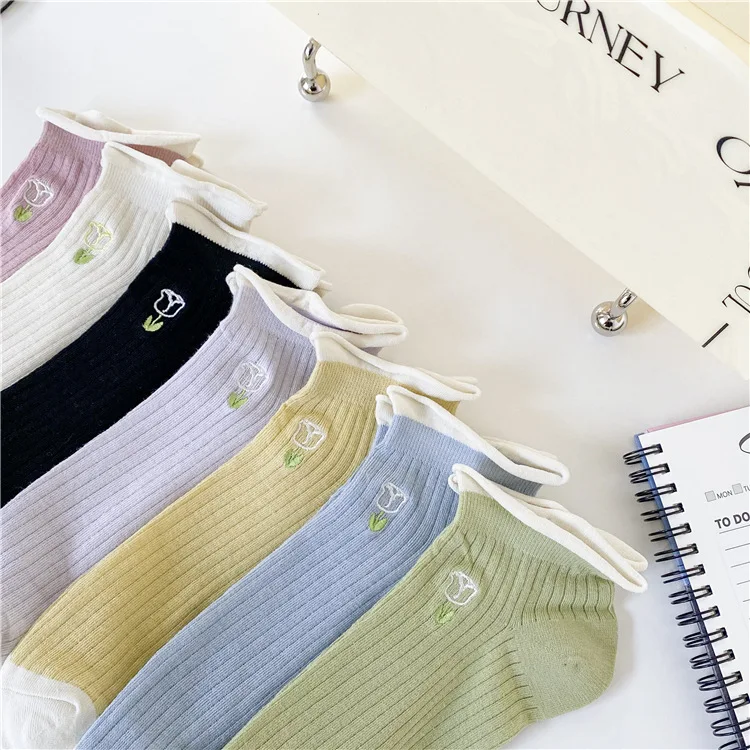 Summer Korean In Stock Fashion Cute Embroidery Flower Tulip Girls Socks Cotton Cozy Fancy Ruffle Women Ankle Socks