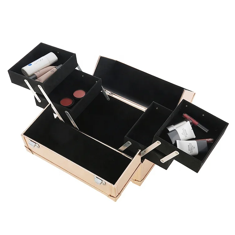 Hengxin Rose Gold 4 Trays Professional Cosmetic organizer Vanity Make Up Carrier  Box  Lockable keys Train Case