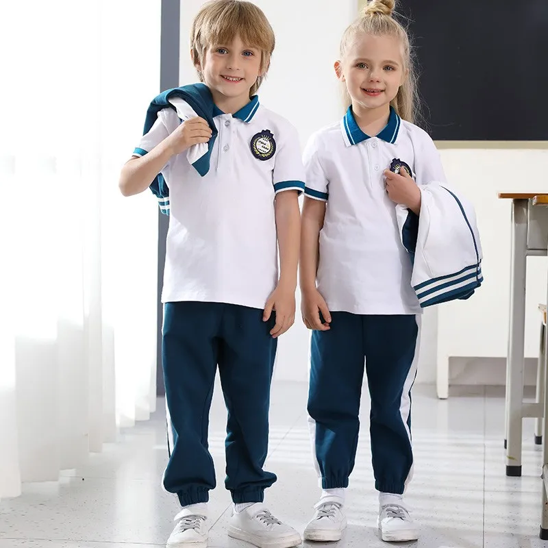New design high school uniforms designs kids ready-made kindergarten uniform with school logo