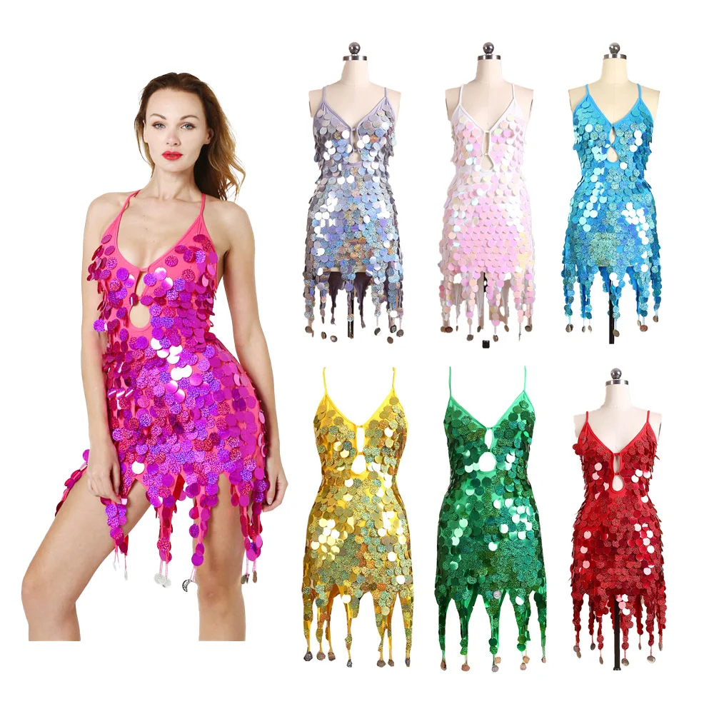 Wholesale Women Sexy Fringe Sequin Bodycon Club Dress Latin Dance Sparkle Sequin Tassel Dress for Party Ballroom