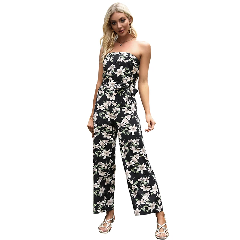 
Summer 2021 Chest Wrap Top and Loose-Fitting Trousers Casual Chiffon Floral Jumpsuit 