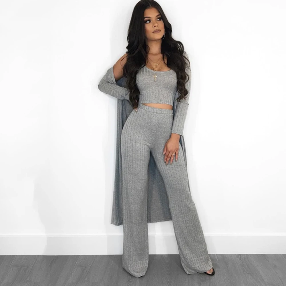 
3 piece suits ribbed jumpsuit with long coat 