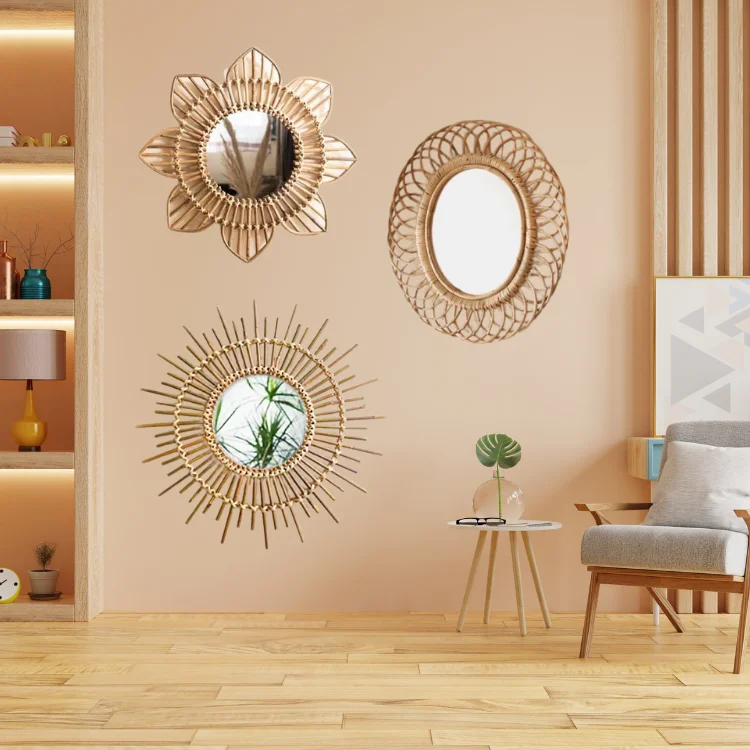 Modern Vintage Style Natural Seagrass round Wall Mirror Factory Direct Hanging Decorations Vietnam Bamboo Rattan Bedroom Decor