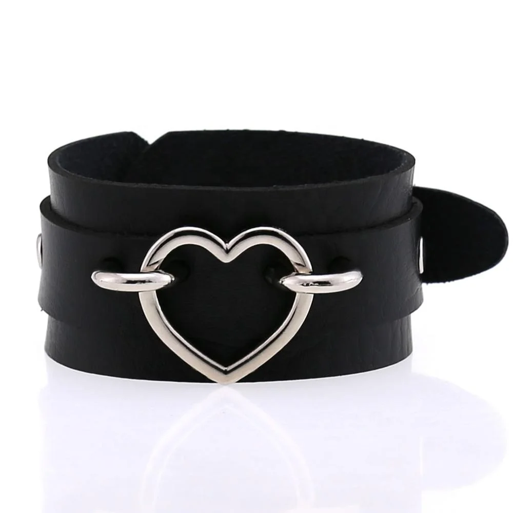 Punk Goth Double Layer PU Leather Wrist Bracelet Heart Buckle Anime Sexy Bondage Bangles