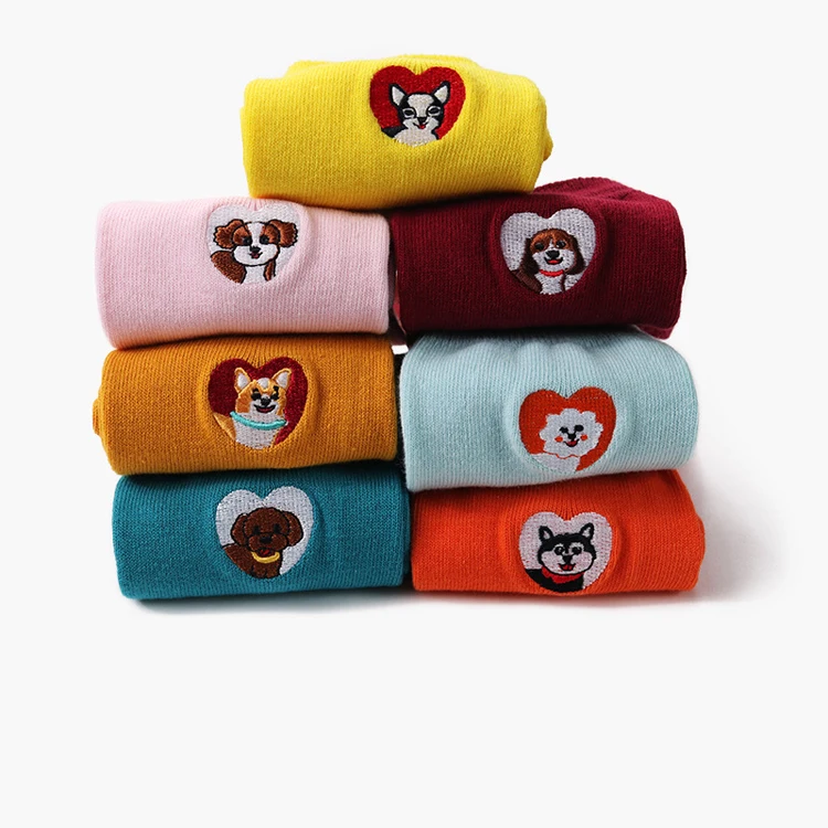 Wholesale Colorful Embroidery Animal Crew Happy Socks Women Wholesale Fashion Cotton Cute Dog Socks