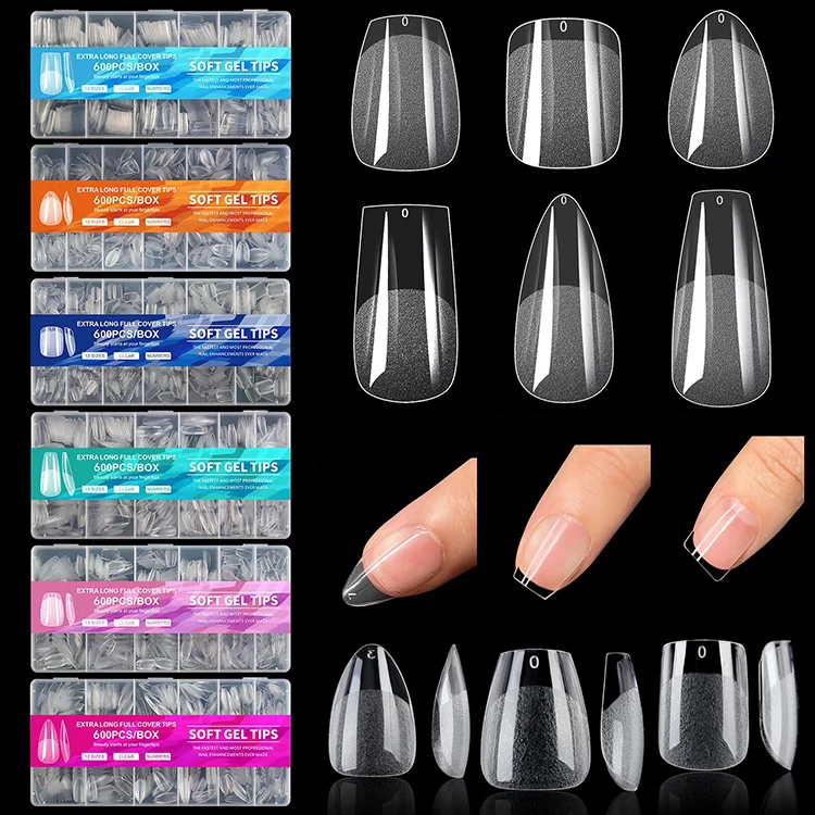 600Pcs Full Cover Press On Nail Tips Stiletto Almond Square Coffin French False Soak Off Gel Nail Extension Tips Capsule